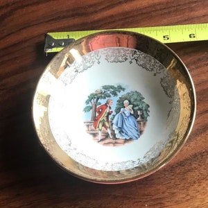 4 Fruit Dessert Bowls, Sabin, Crest-o-gold, 22K rim, Courting Couple.