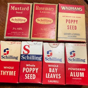 Vintage Schilling-kartonnen kruidendozen, veel van 7.