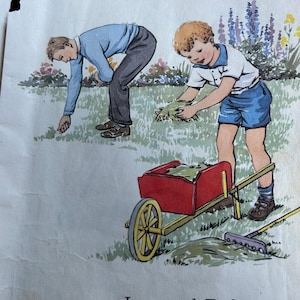 Pagine di libri per bambini d'epoca. Primi lettori. 1938. Totale 43 immagini. Alice e Jerry, Dick e Jane. Sfuse per lavoretti con la carta.