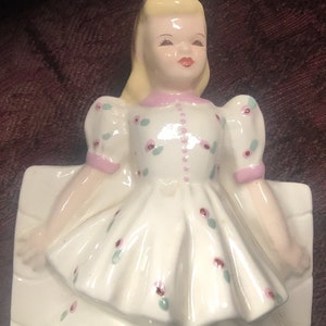 Florence Figures 1940s Blonde girl vase planter. Three tiered skirt, pink hair bow & shoes.