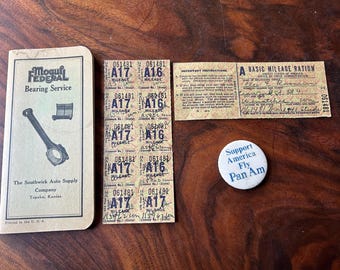 WWII Gas Ration Stamps, Pan Am Button, Mogul Memo Book Ephemera