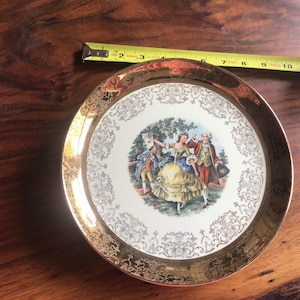 4 luncheon plates, Sabin, Crest-o-gold, 22K rim, Courting Couple, 9.25”