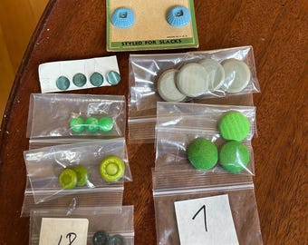 Vintage buttons. 8 styles. Green and blue, 3-18 per group.