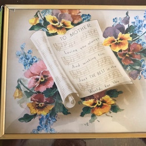 Mother poem in vintage frame. Pansy and music illustration