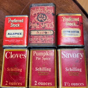 Vintage kartonnen kruidendoosjes Veel van 7. metalen boven- en onderkant. Ralph's, Morgan, preferente aandelen, Schilling.