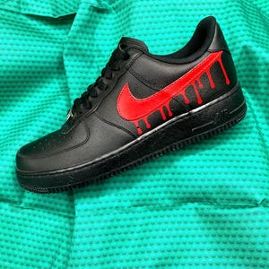 Custom Nike Air Force 1 One Black painted ‘Dripping Red’ Swoosh