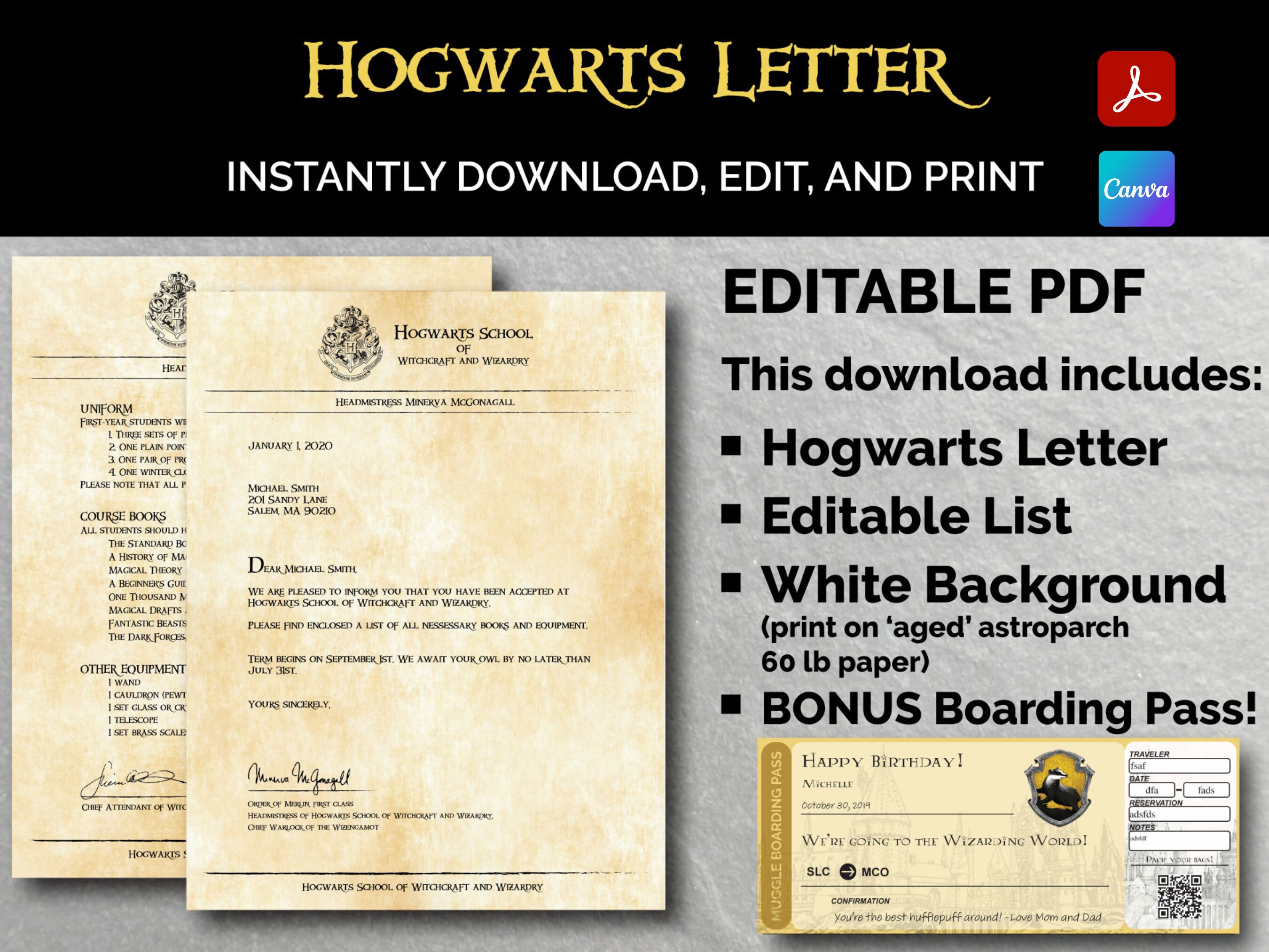 Hogwarts Acceptance Letter Supply List