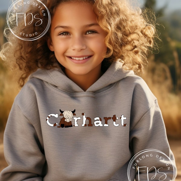 Highland Cow Kids C*rhartt Inspired Hoodie - Cow Lover - Hooded Sweatshirt
