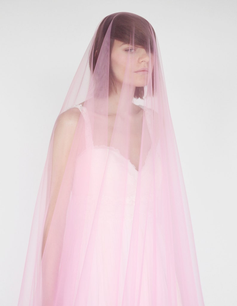 Soft tulle blush pink wedding veil with blusher / illusion Etsy