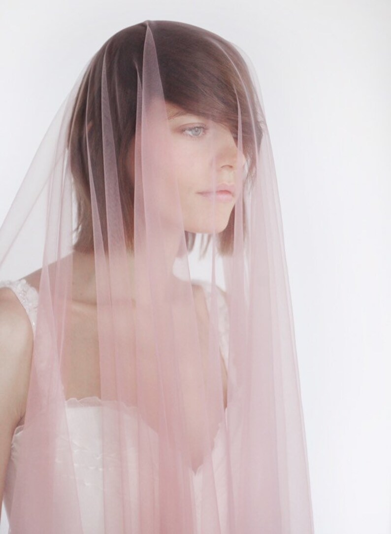 Soft tulle blush pink wedding veil with blusher / illusion Etsy