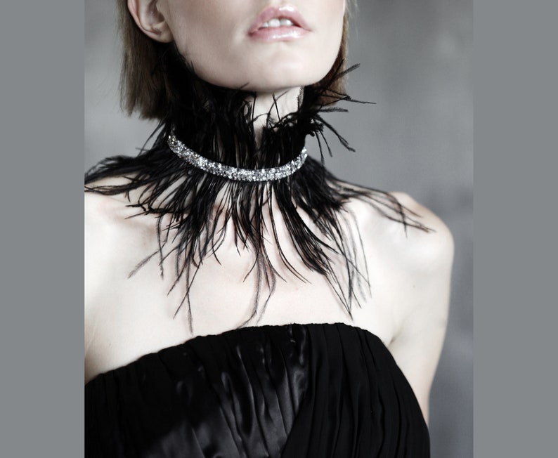 Black feather choker necklace with rhinestones Goth crystal choker Alternative Wedding jewelry black feather collar costume collar