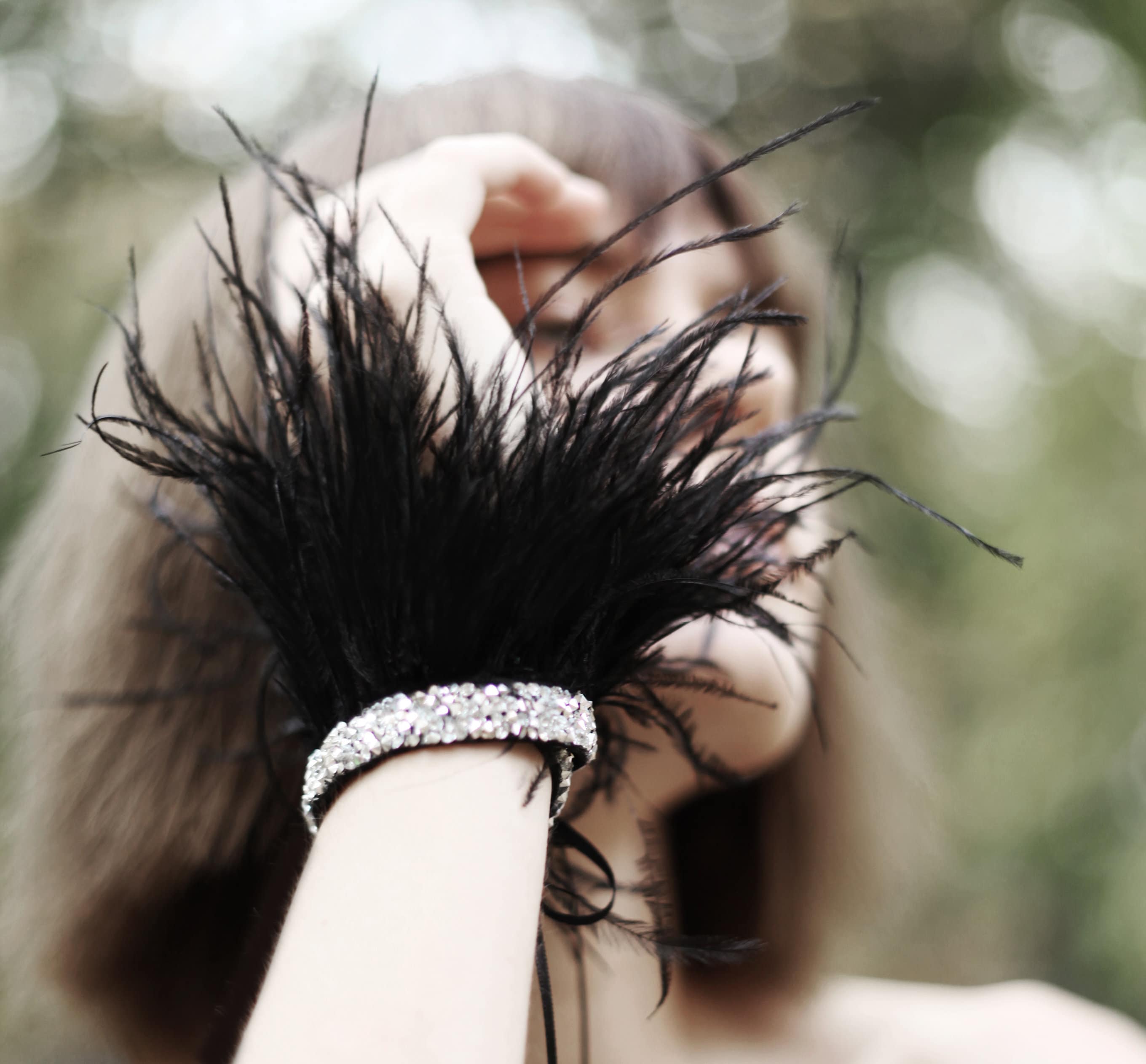 Black cuff bracelet with ostrich feathers and crystals / Black Etsy