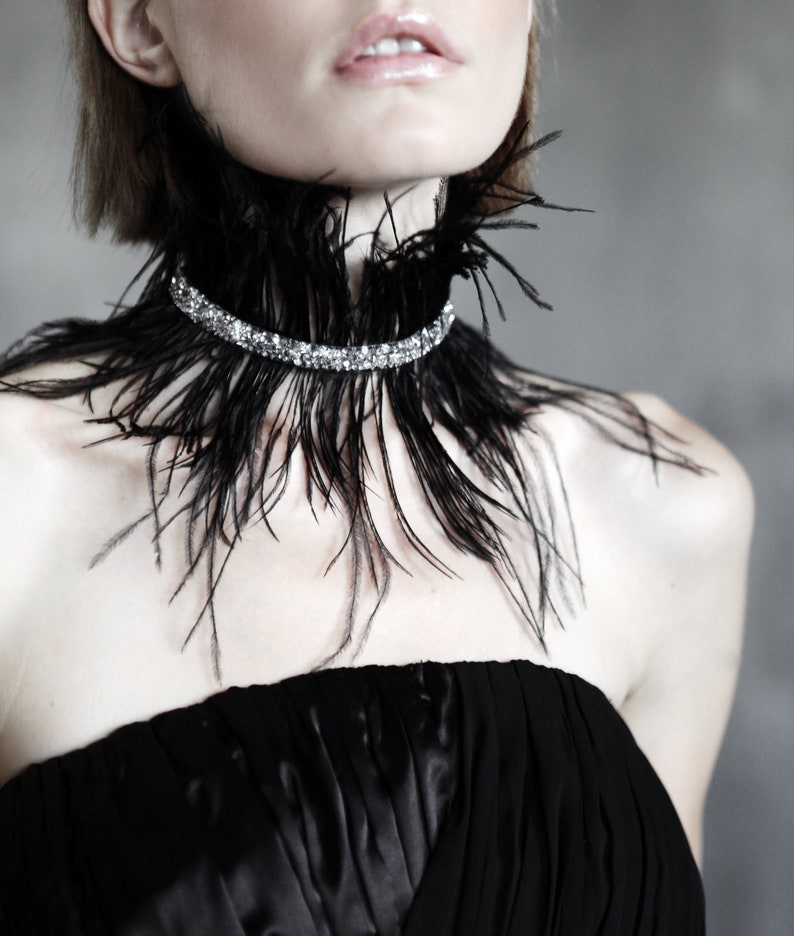 Dark red feather choker collar with rhinestones crystal choker necklace marsala ostrich feather necklace wide maroon BDSM neck piece