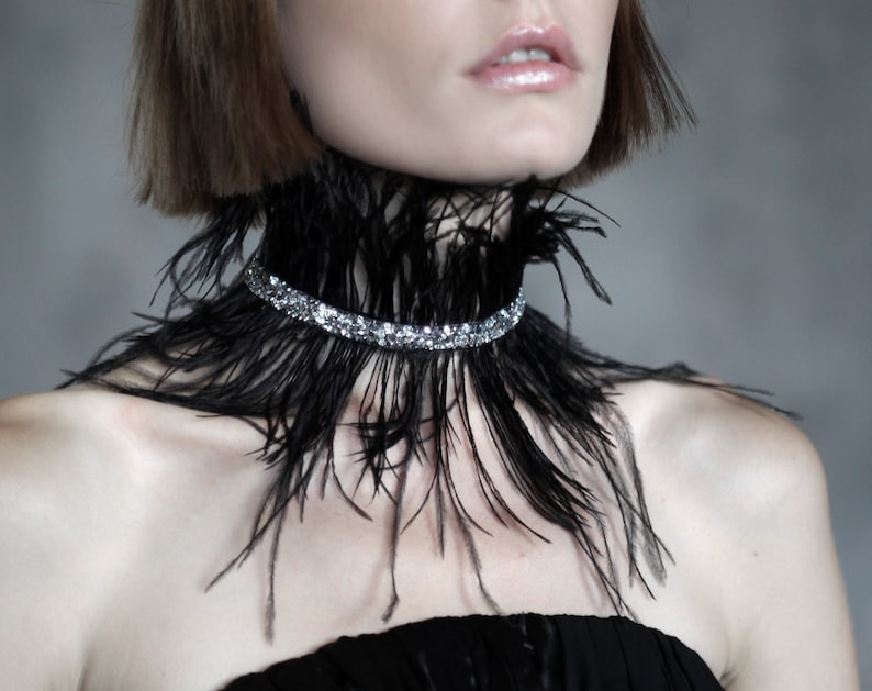 Black feather choker necklace with rhinestones Goth crystal choker Alternative Wedding jewelry black feather collar costume collar