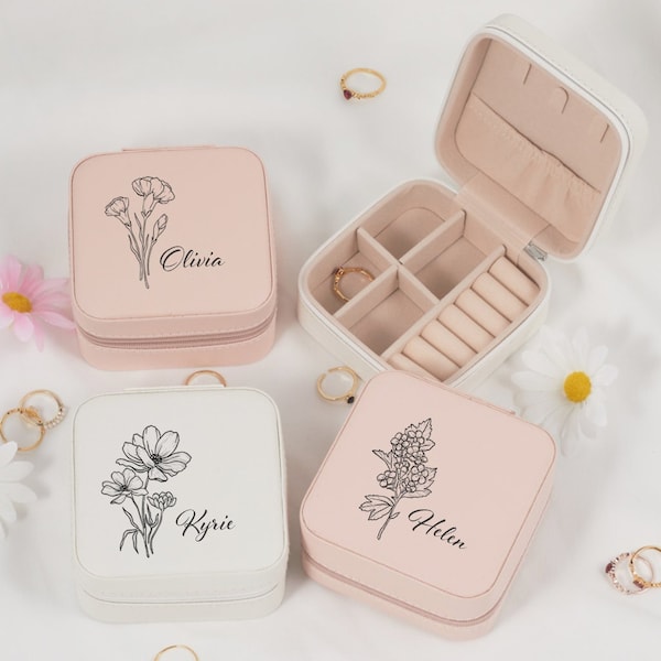 Birth Month Flower Jewelry Case, Personalized Birth Flower Travel Box, Birthday Gift, Christmas & Holiday Gift, Wedding Gifts, Jewelry Case