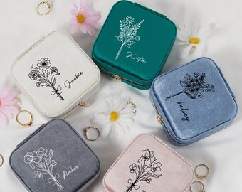 Mini Travel Jewelry Box with Birth Flower,Velvet Jewelry Travel Case,Bridesmaid Gift Idea,Bridal Shower Gifts,Jewelry Case,Christmas Gifts