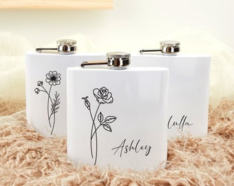 Custom Bridesmaid Flask with Birth Flower,Bridesmaid Gifts,Hip Flask, White Flask for Woman,Bridesmaid Proposal,Wedding Bridal Shower Gifts