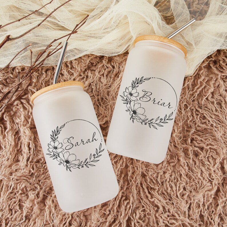 Personalized Frosted Glass Cup With Lid and Strawiced Coffee Etsy