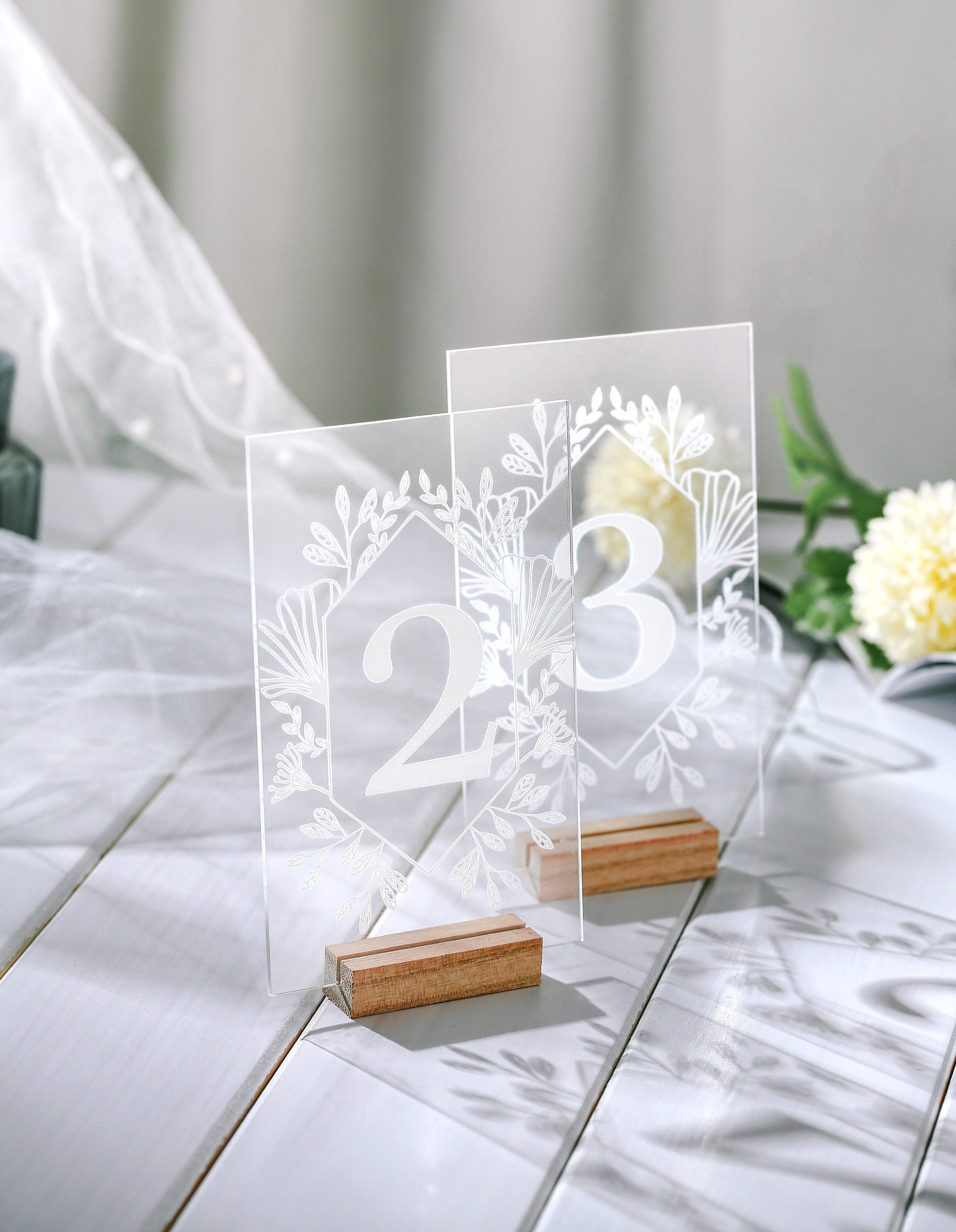 Floral Wedding Table number with stand,Clear Acrylic table numbers,Pl…