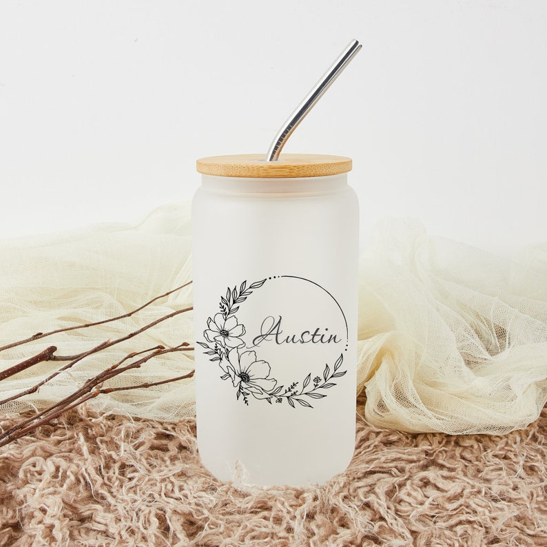 Personalized Frosted Glass Cup With Lid and Strawiced Coffee Etsy