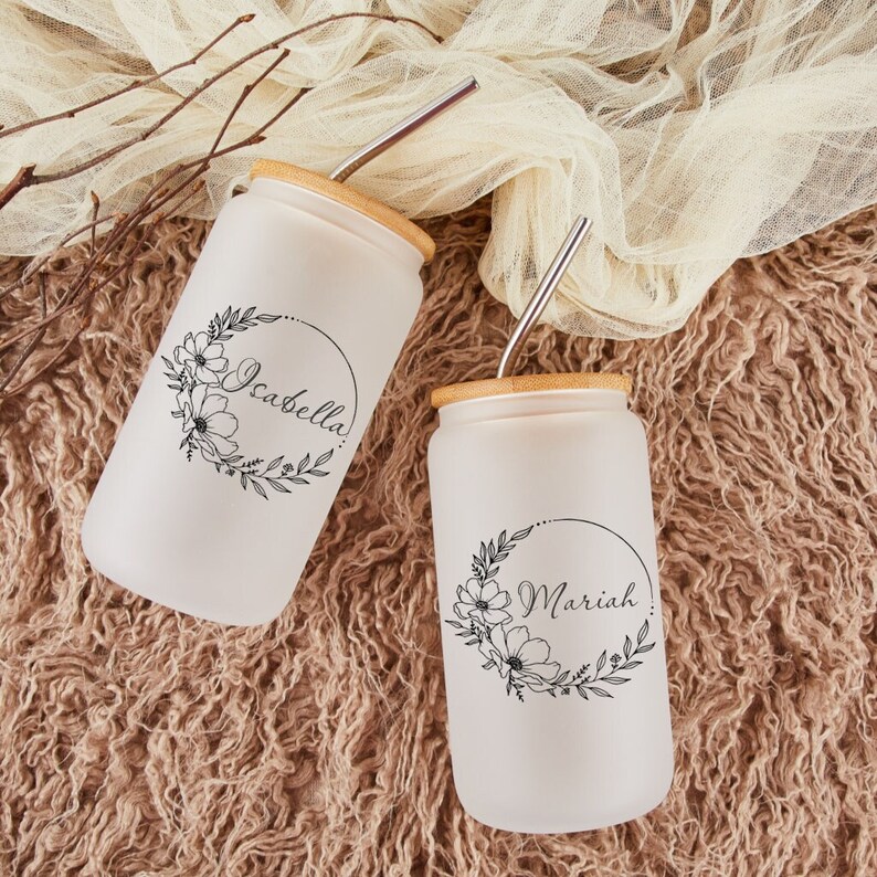 Personalized Frosted Glass Cup With Lid and Strawiced Coffee Etsy