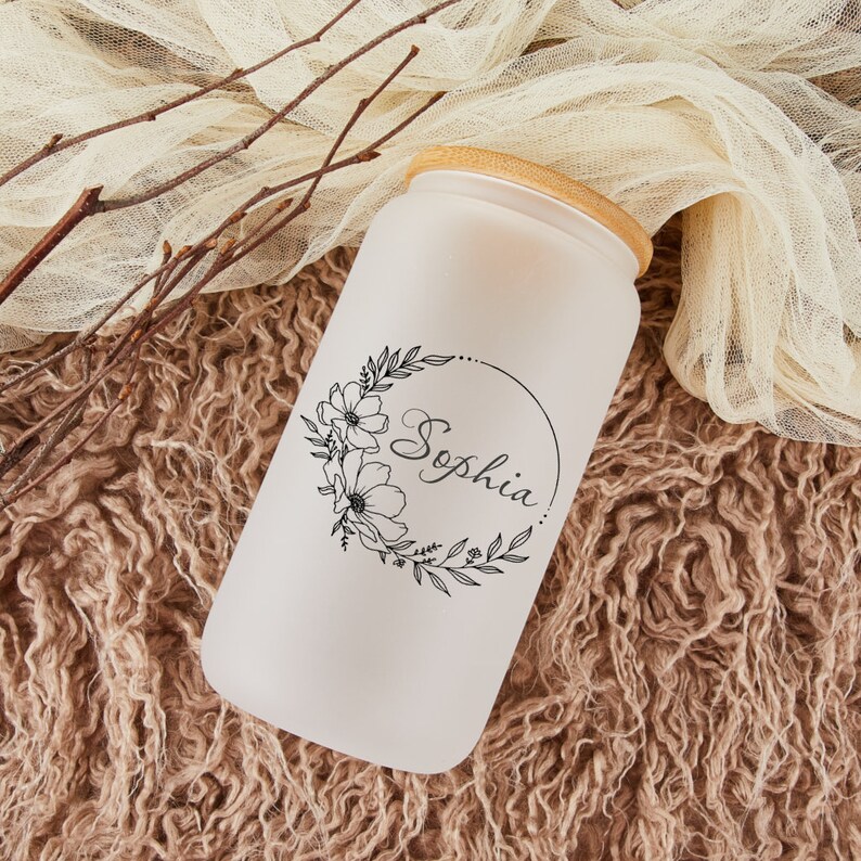 Personalized Frosted Glass Cup With Lid and Strawiced Coffee Etsy