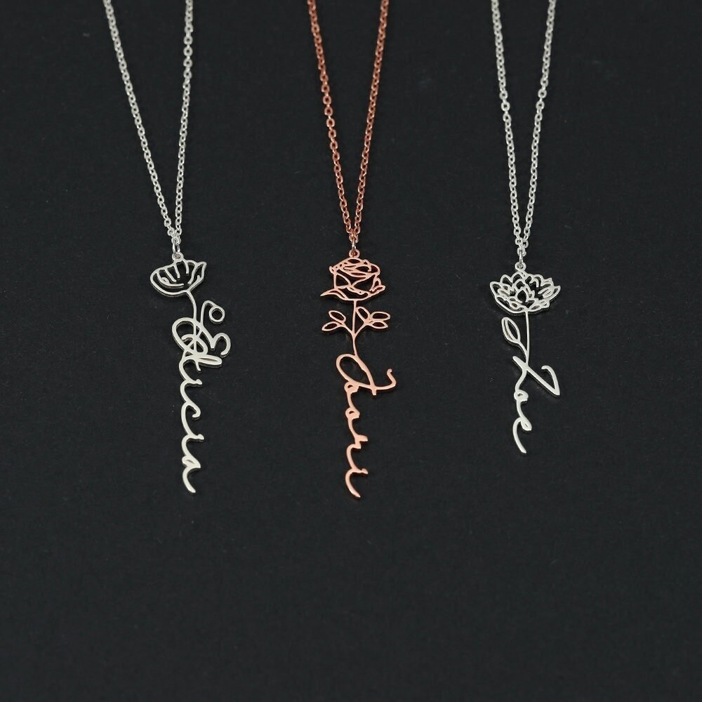 Name Necklace with Birth Flower,Floral Name Necklace,Custom Name Neck…