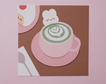 Matcha latte konijn kunstprint, kawaii cafédecor, 5 x 7 mat