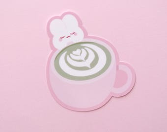 Matcha Latte Bunny Sticker, Cute Die Cut Vinyl Sticker, Kawaii Cafe Laptop Water Bottle Decal