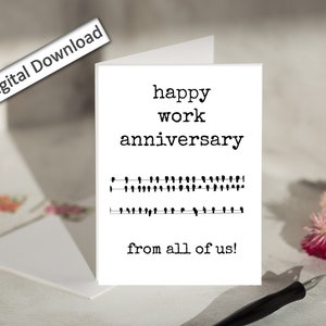 Tarjeta de aniversario de 4x6, imprimible, de parte de todos nosotros, para compañeros de trabajo, empleados, jefes, equipos y personal.