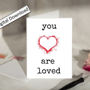 4 x 6, AANmoediging, kaart, AFDRUKBAAR, You Are Loved, Inspirerend, Bemoedigend, Liefde, Rood hart, Thinking of You-kaart, Opbeurende kaart