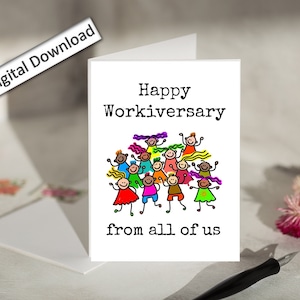 Tarjeta de aniversario laboral de 4 x 6 pulgadas, imprimible, feliz aniversario laboral para compañeros de trabajo, empleados, jefes, equipos y empresas. De parte de todos nosotros.