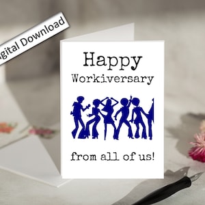 Tarjeta de aniversario laboral de 4 x 6 pulgadas, imprimible, feliz aniversario laboral, de parte de todos, linda, para compañeros de trabajo, empleados, personal, equipo, jefe.