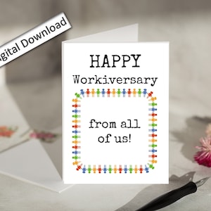 Tarjeta de aniversario de 4 x 6 pulgadas para imprimir. ¡Feliz aniversario laboral! De parte de todos nosotros. Aniversario laboral, compañero de trabajo, empleado, jefe.