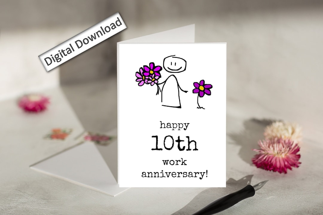 4x6, Work Anniversary Card, Download, Happy 10TH Work Anniversary, Cute, Job Anniversary for