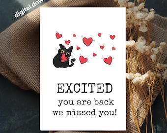 Cat Welcome Back Card, Hearts, Printable (4x6) (Digital Download)