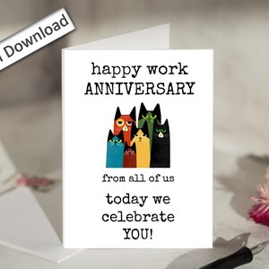 Tarjeta de aniversario de trabajo de 4 x 6, imprimible, feliz aniversario laboral, linda, para compañeros de trabajo, empleados, jefes, de parte de todos nosotros.