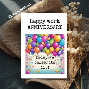 Tarjeta de aniversario de trabajo: Globos, Compañero de trabajo, Empleado (Imprimible)