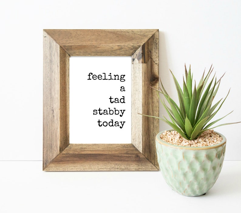 May include: A framed print with the text "feeling a tad stabby today" in a typewriter font. The print is in a wooden frame and is sitting on a white surface next to a potted succulent.