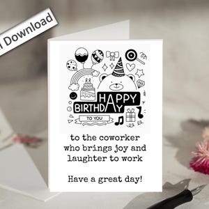 4 x 6, anniversaire d'un collègue, carte, imprimable, mignon, apporter de la joie et des rires au travail, anniversaire, collègue, carte de joyeux anniversaire, anniversaire de la meilleure amie au travail