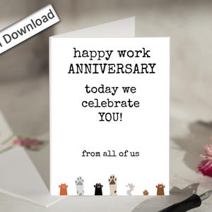 Tarjeta de aniversario de trabajo de 4 x 6, imprimible, feliz aniversario laboral, linda, para compañeros de trabajo, empleados, jefes, de parte de todos nosotros.
