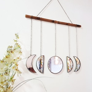 Moon phase mirror on bamboo branch, wall mirror decor above bed, moon wall hanging