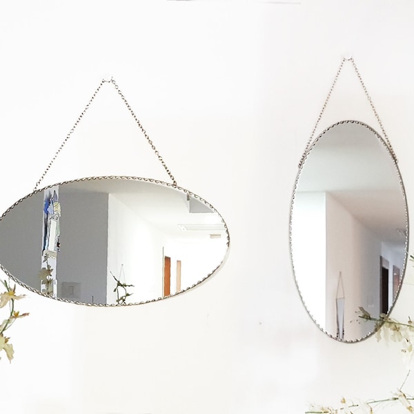 Bohemian oval mirror with chain, minimal boho decor, wall mirror art