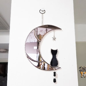 Black Cat Moon Mirror: Stained Glass Boho Wall Decor