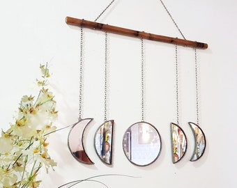 Moon phase mirror on bamboo branch, wall mirror decor above bed, moon wall hanging