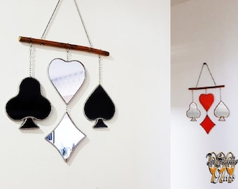 Stained glass mirror card suit shape, poker decor, playroom sign, man cave wall hangings