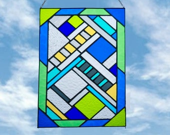 Abstract stained glass panel in geometric shapes, window glass art decor, modern hanging suncatcher