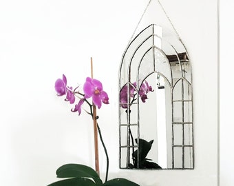 Cathedral arched glass mirror in gothic style, wall silver mirror wiccan decor