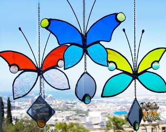 Butterfly Stained Glass Suncatcher: Garden Decor with Mirror Pendant