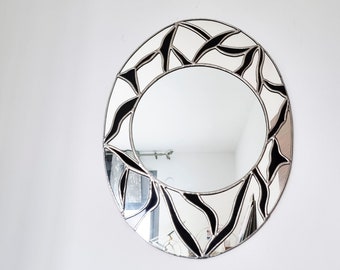 Oval mosaic mirror with black lines, decorative art glass decor, art nouveau hanging mirror